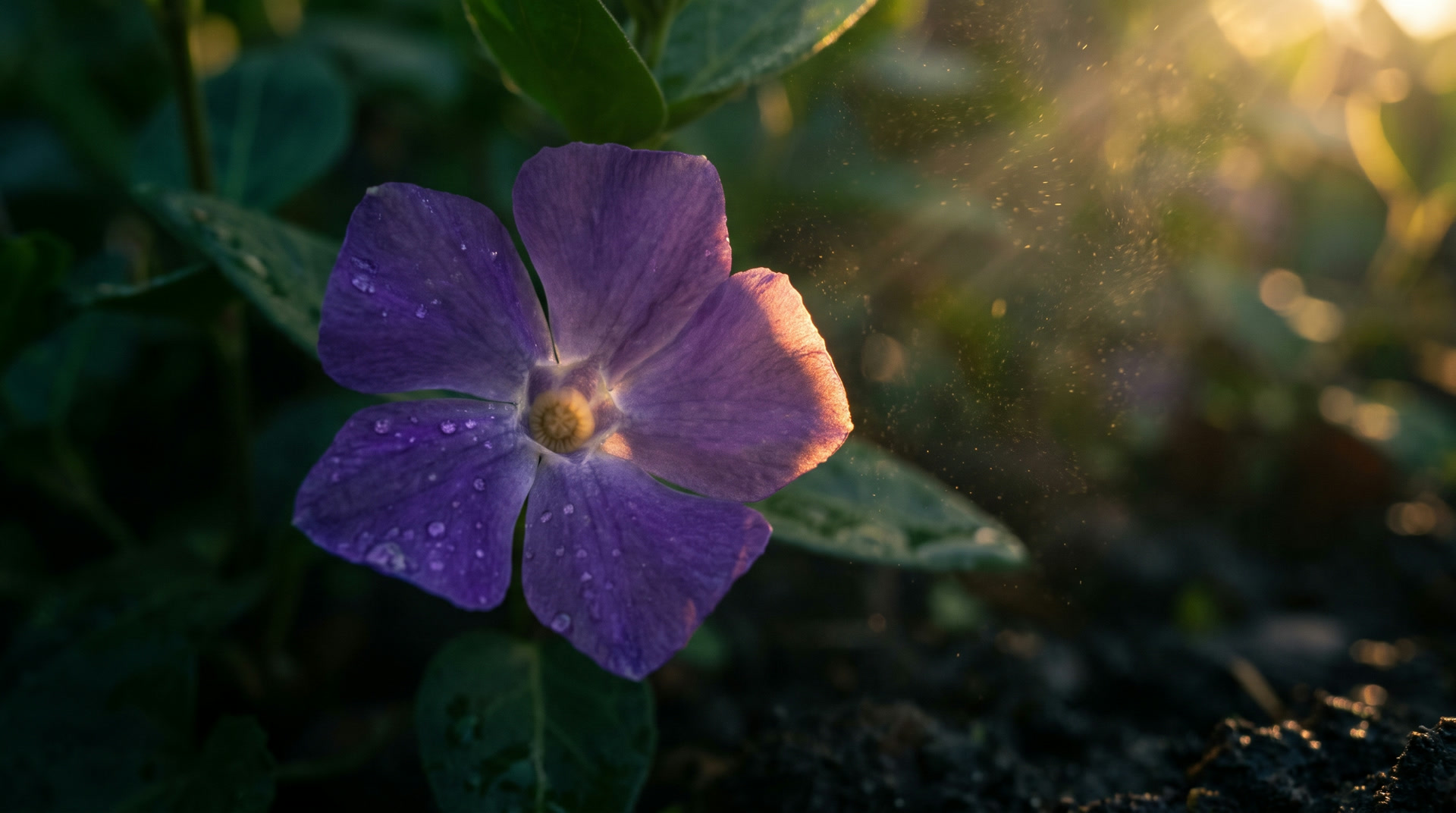 A violet flower open on a crop plant with dew on the petals