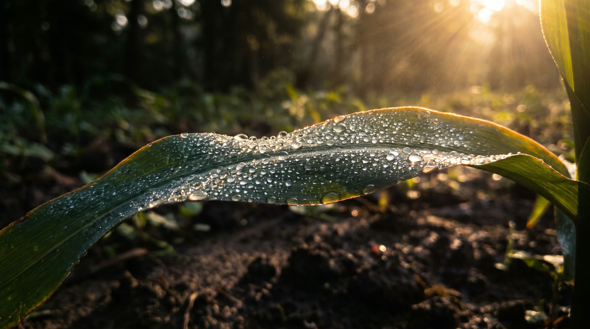 A crop leaf beaded with spray droplets at first light