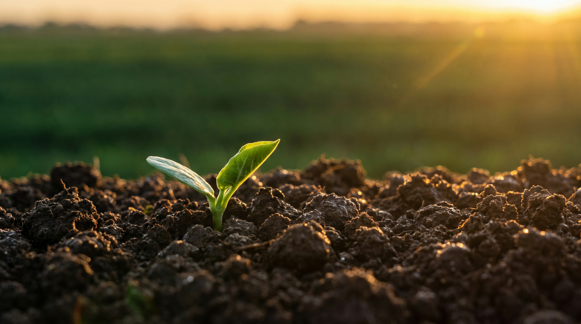A young green shoot pushing up through dark crumbly soil